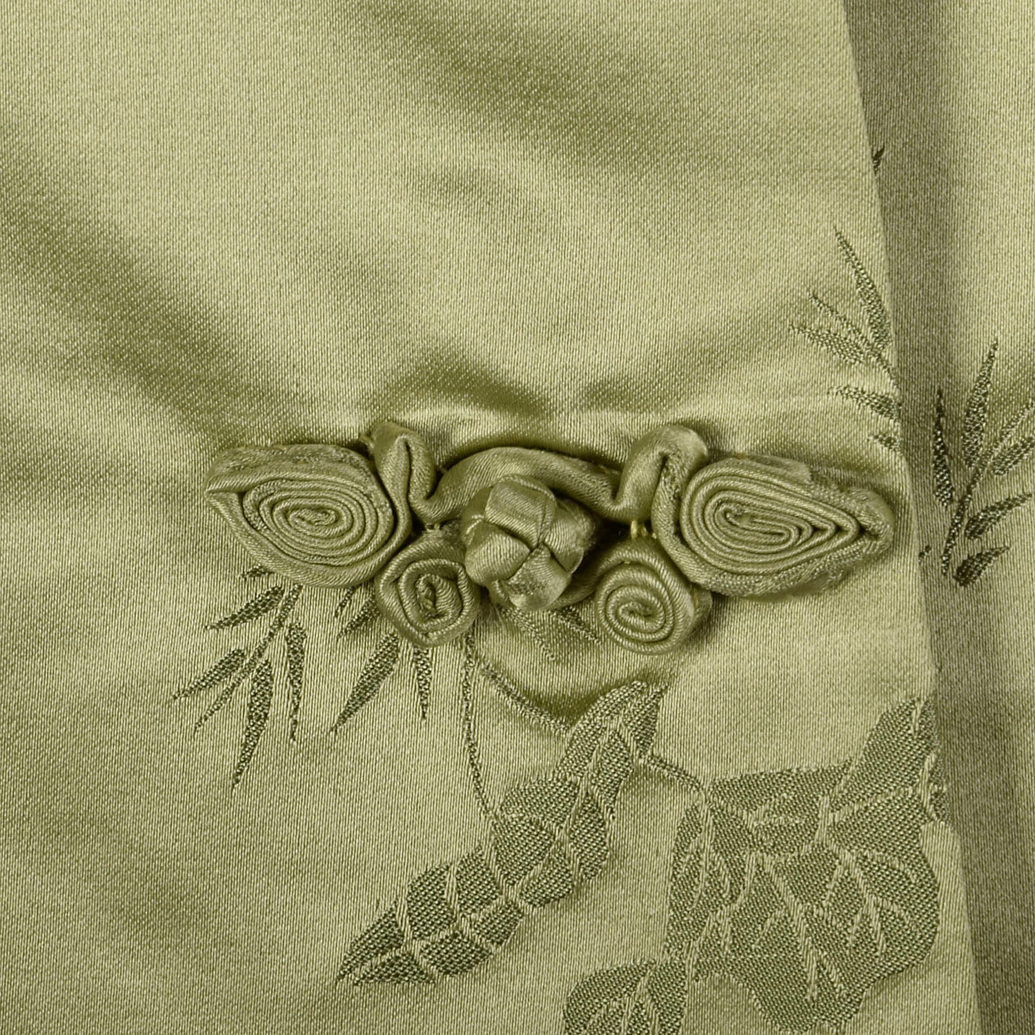 Medium 1960s Sage Green Asian Dress Hand Sewn Silk Frog Closures