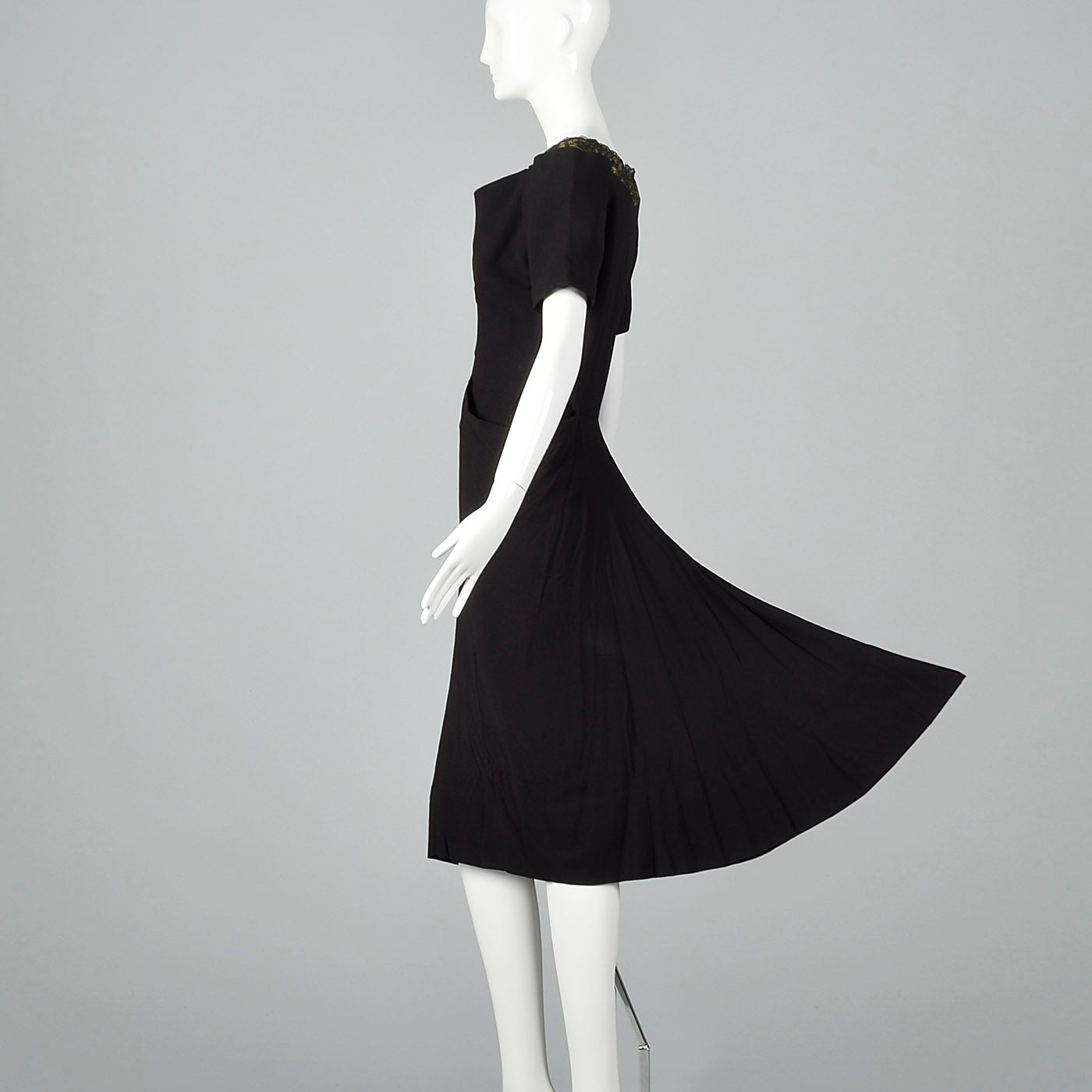 1940s Black Rayon Dress with Gold Trim