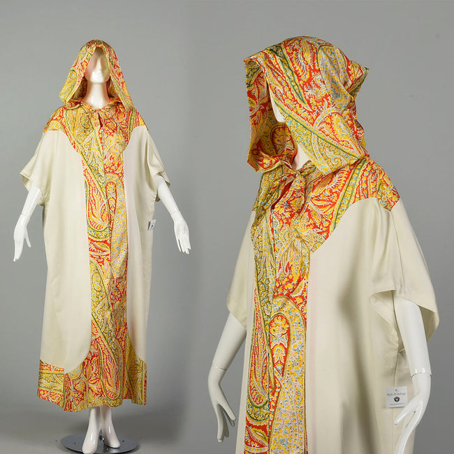 1970s Hooded Boho Kaftan Loose Flowy Ethnic Maxi Dress