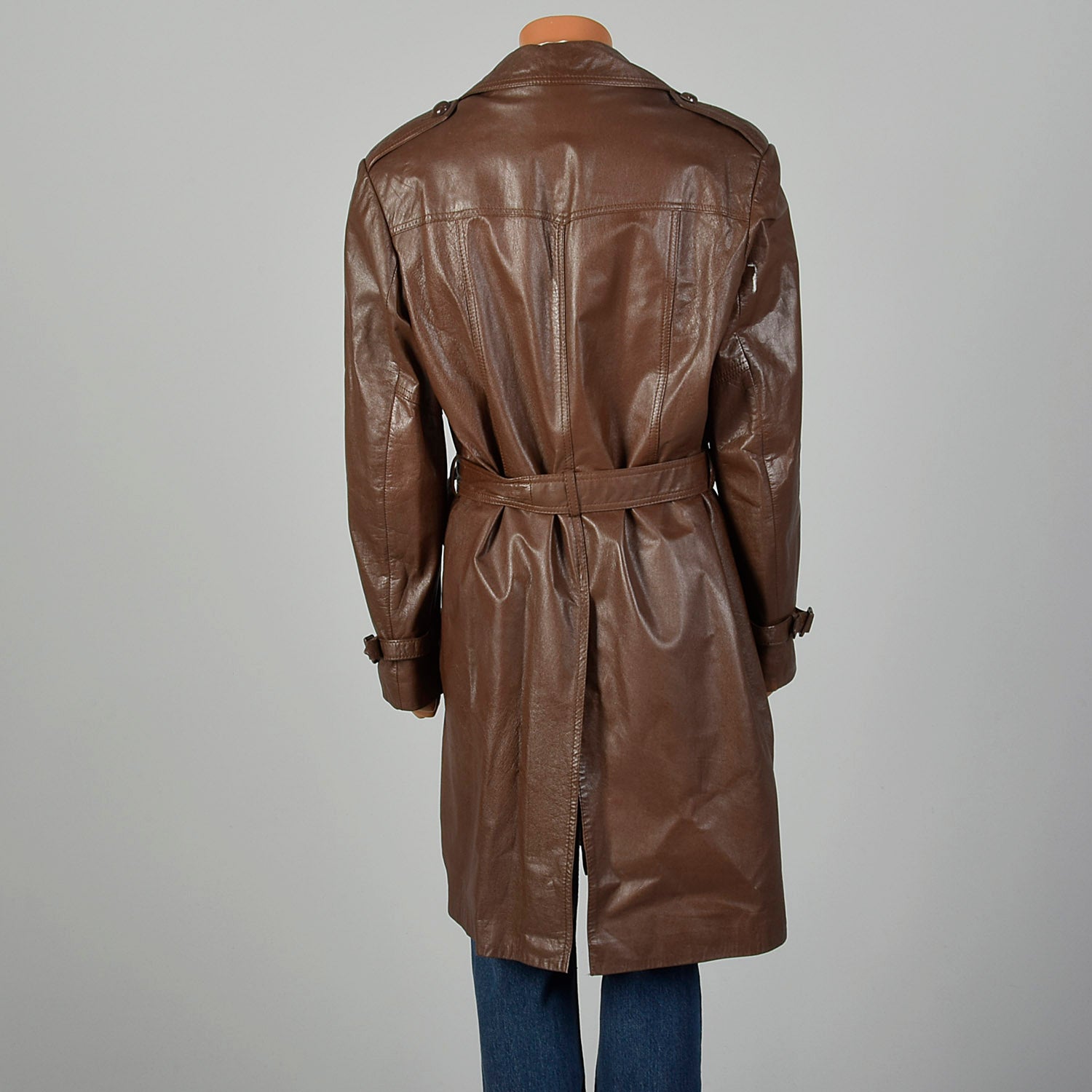 Medium-Large 1970s Brown Leather Trench