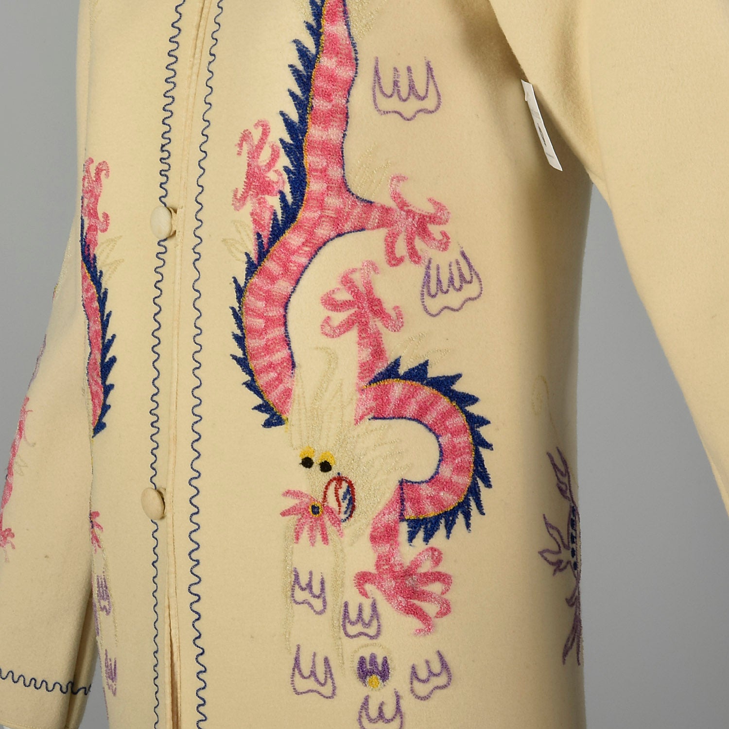 XS 1940s Souvenir Jacket Novelty Asian Dragon Chain Stitch Embroidery Cream Wool