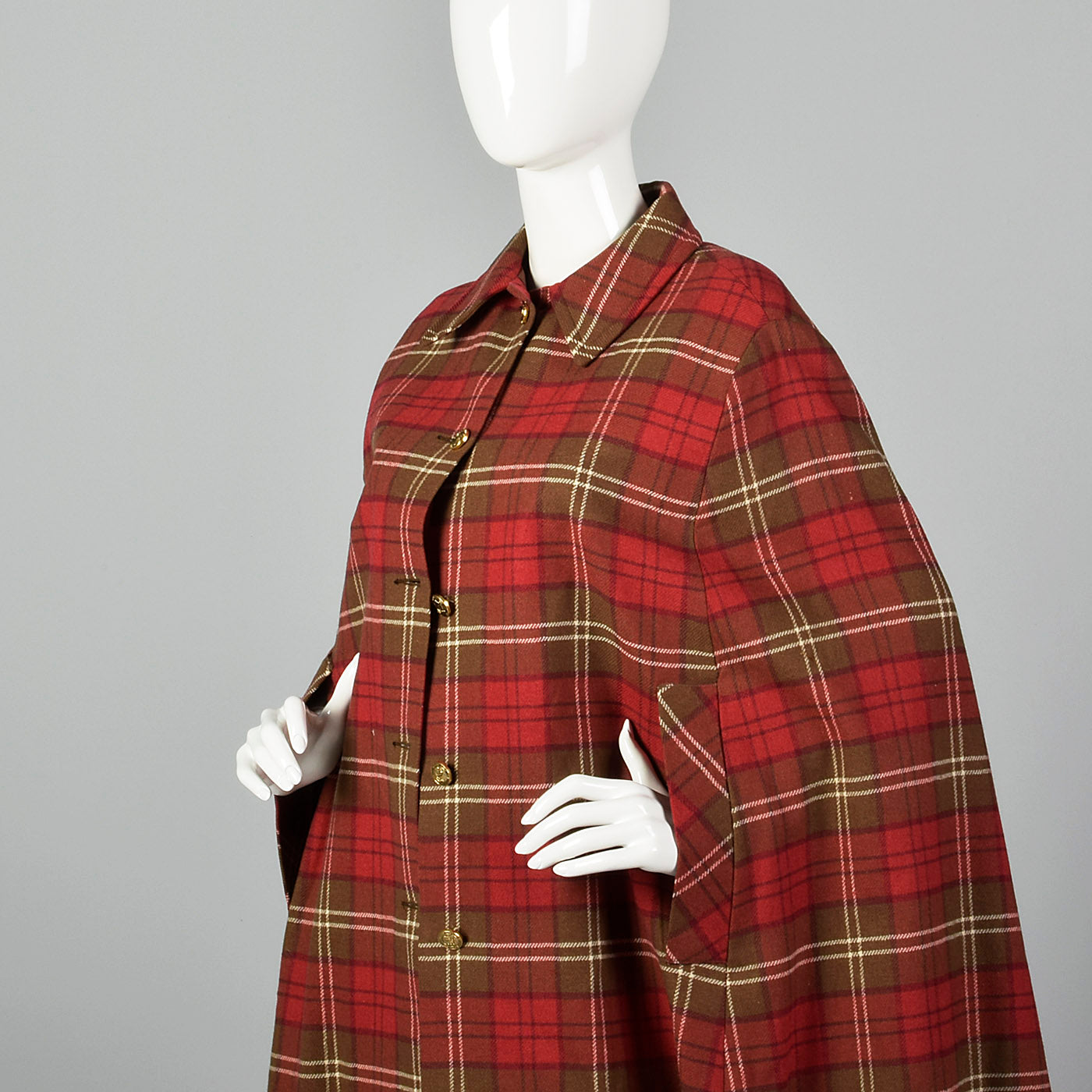 1970s Red Plaid Cape with Button Front