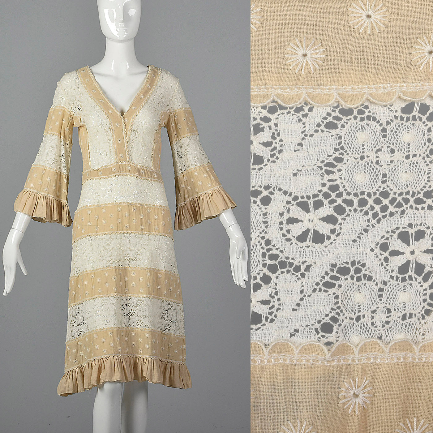 1970s Bohemian Dress with Sheer Lace Panels