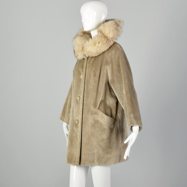Large 1960s Tan Faux Fur and Fox Fur Collar Coat