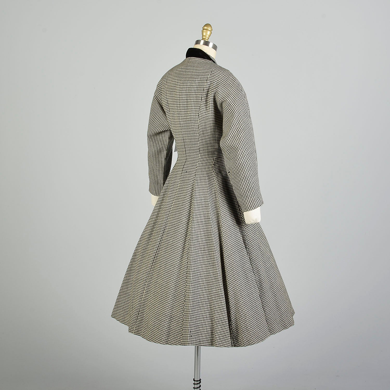 Small 1950s Wool Black White Fit & Flare Houndstooth Winter Coat Dress