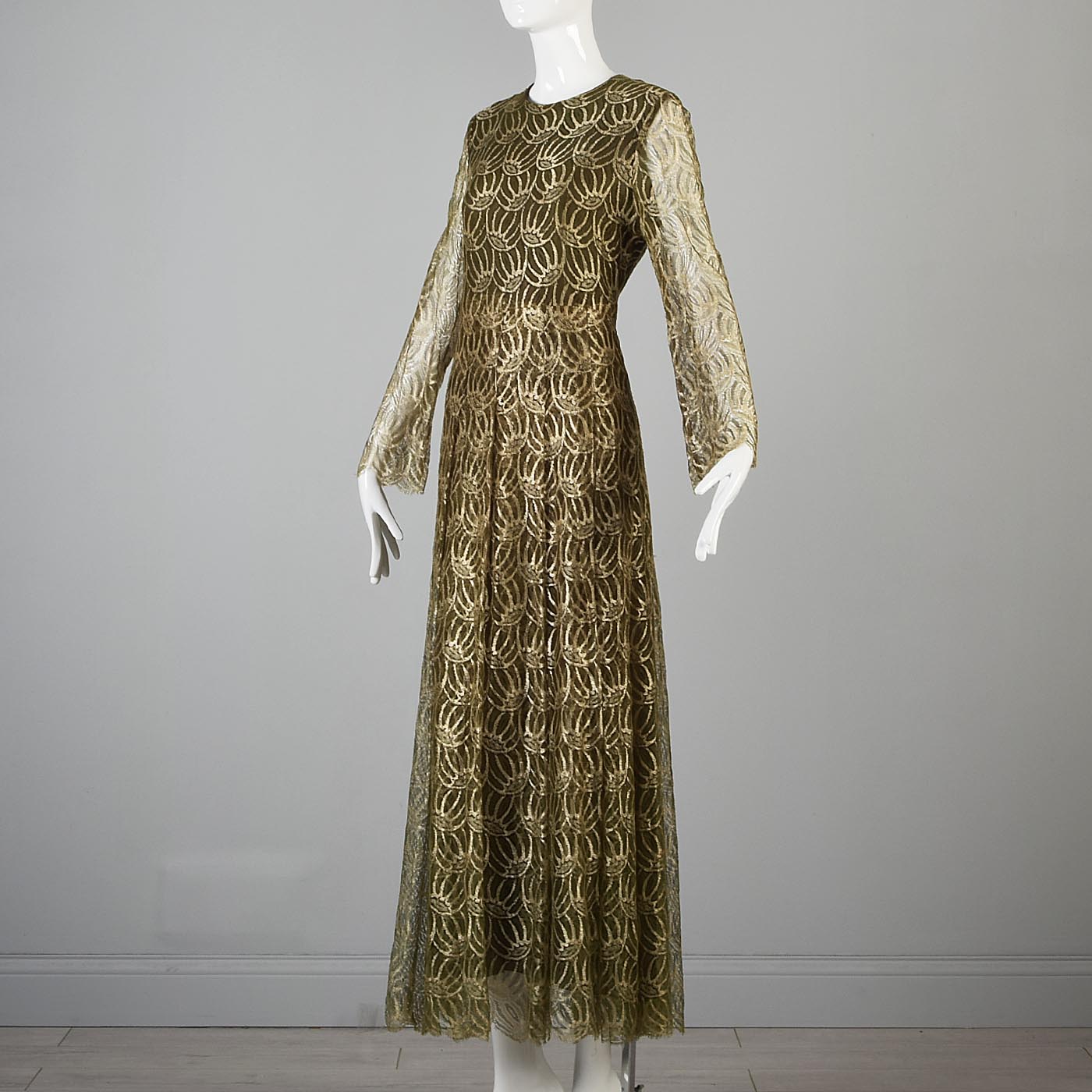 1960s Christian Dior Boutique Numbered Couture Gold Lace Gown