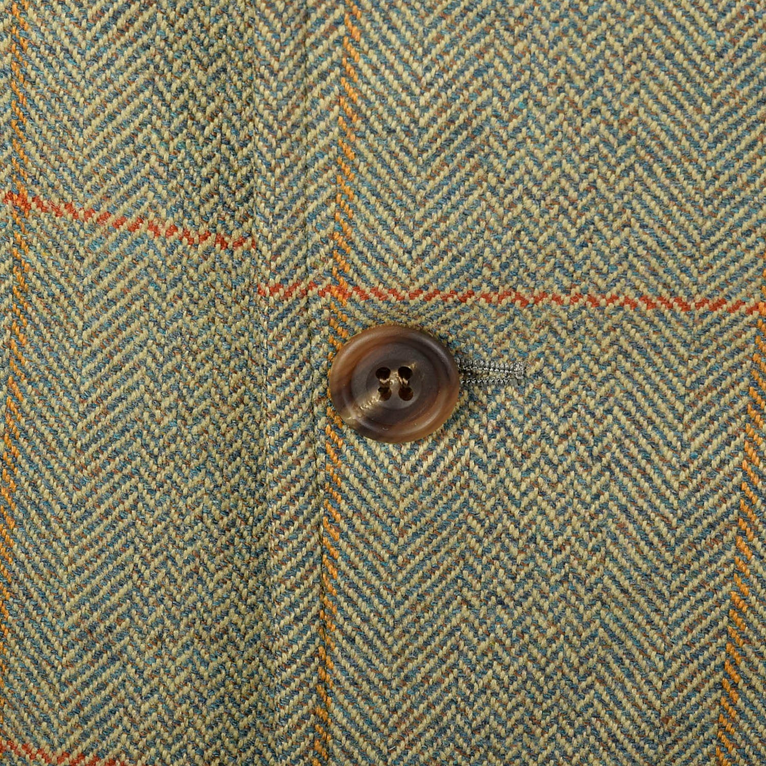 Large 1970s Green Copper Herringbone Plaid Blazer Two Button Front Single Vent Back Welt With Flap Pockets