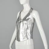 1980s Silver Leather Vest with Zip Front