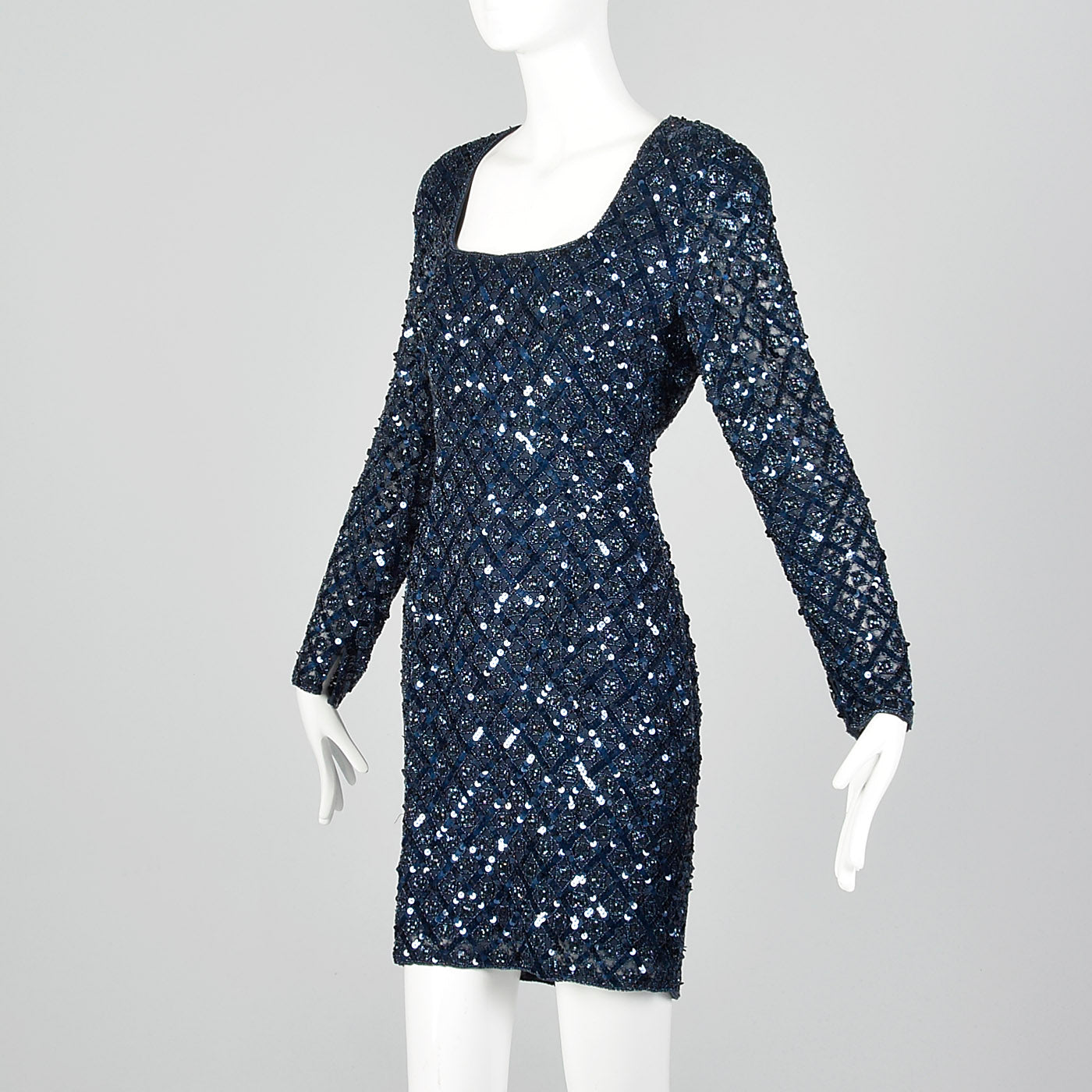 1990s Oleg Cassini Blue Beaded Cocktail Dress