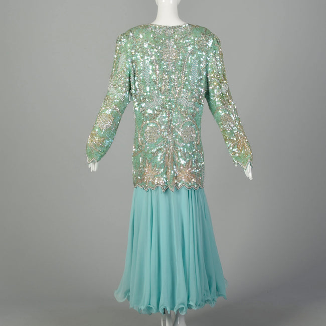 XXL Drop Waist Dress 1980s Beaded Silk Formal Long Sleeve