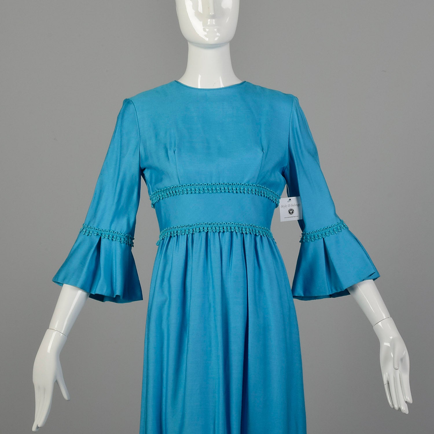 Small 1960s Dress Modest Casual Ruffle Sleeve Blue Maxi