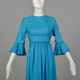 Small 1960s Dress Modest Casual Ruffle Sleeve Blue Maxi
