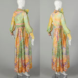 Medium 1970s Victor Costa Maxi Dress Set Abstract Boho Floral Print Long Sleeve Pussy Bow Embellished Bohemian Vest