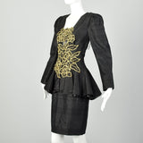 Medium 1980s Black Silk Dress Gold Beaded Appliqué Cocktail Peplum