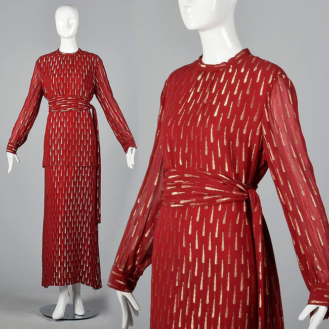 Adele Simpson Red Evening Dress with Golden Raindrops