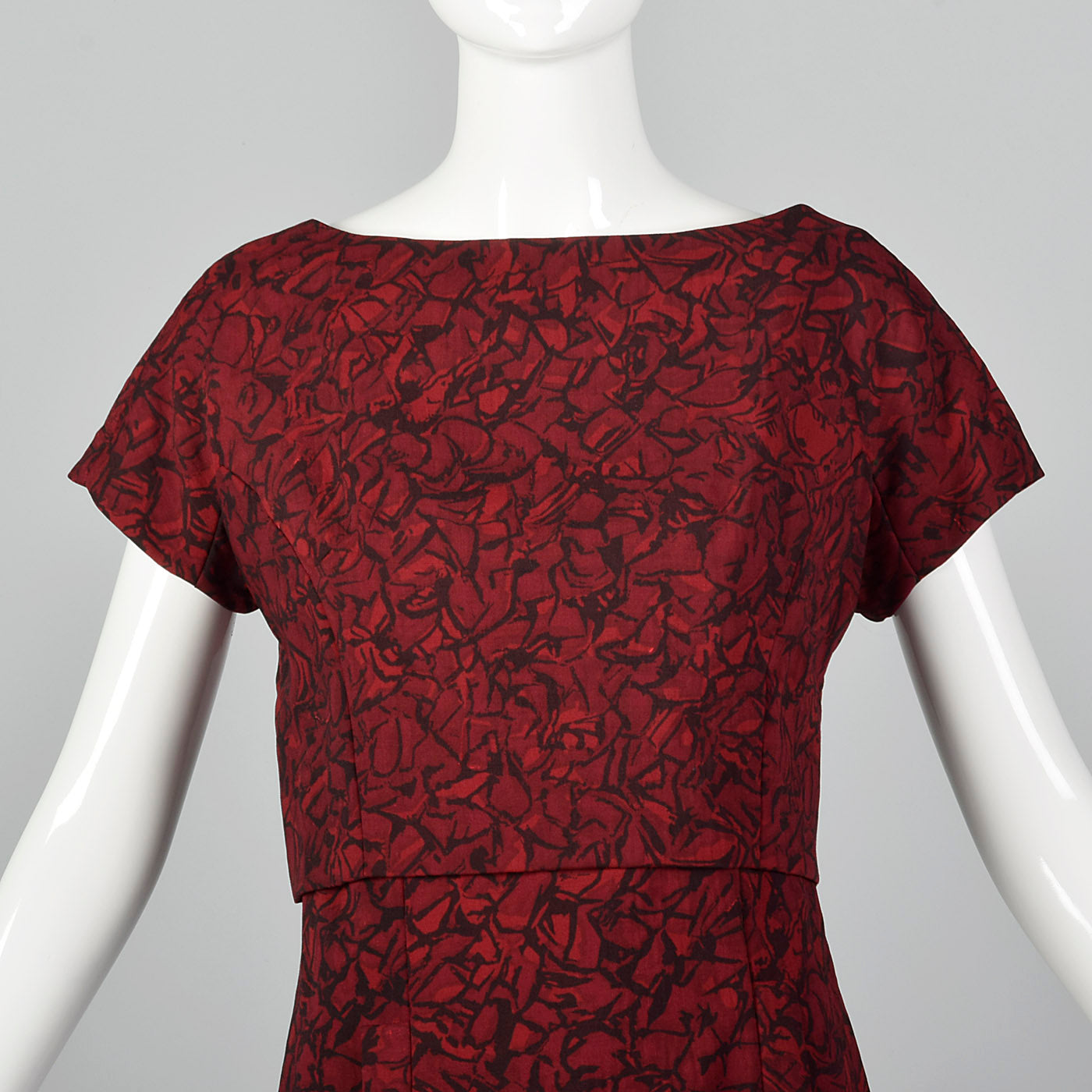 1960s Black and Red Print Dress with Mesh Bodice and Matching Overlay Style & Salvage 1960s Black and Red Print Dress with Mesh Bodice and Matching Overlay Style & Salvage