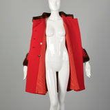 XS 1960s Mink Fur Trim Red Winter Coat Mod Double Breasted A-Line