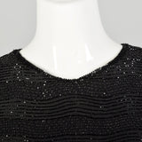 Medium 1990s Little Black Dress Beaded Short Sleeve Evening Cocktail Party LBD