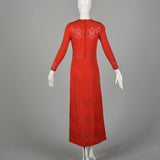 Small 1970s Dress Pat Sandler Red Knit Maxi Long Sleeve Sheer Decorative Details Knit