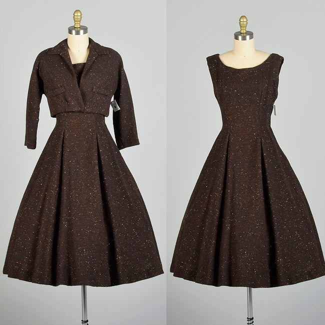 Small 1950s Wool Rainbow Fleck Set Brown Winter Jacket Dress Tweed Ensemble