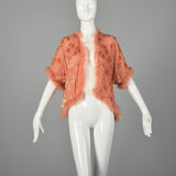 OSFM 1920s Pink Silk Devoré  Marabou Feather Trim Bed Jacket