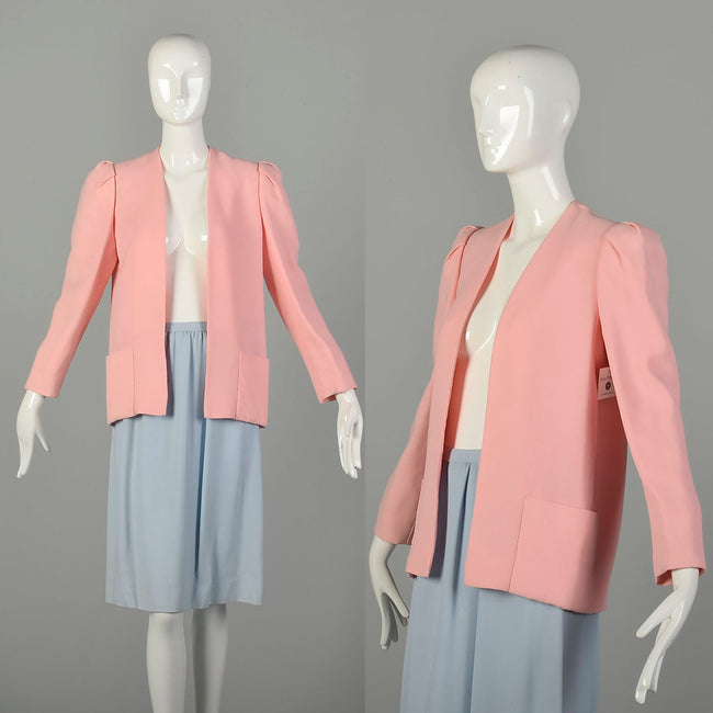 Small 1980s Bill Blass Pastel Crepe Skirt Suit Blue Pink Separates Ensemble