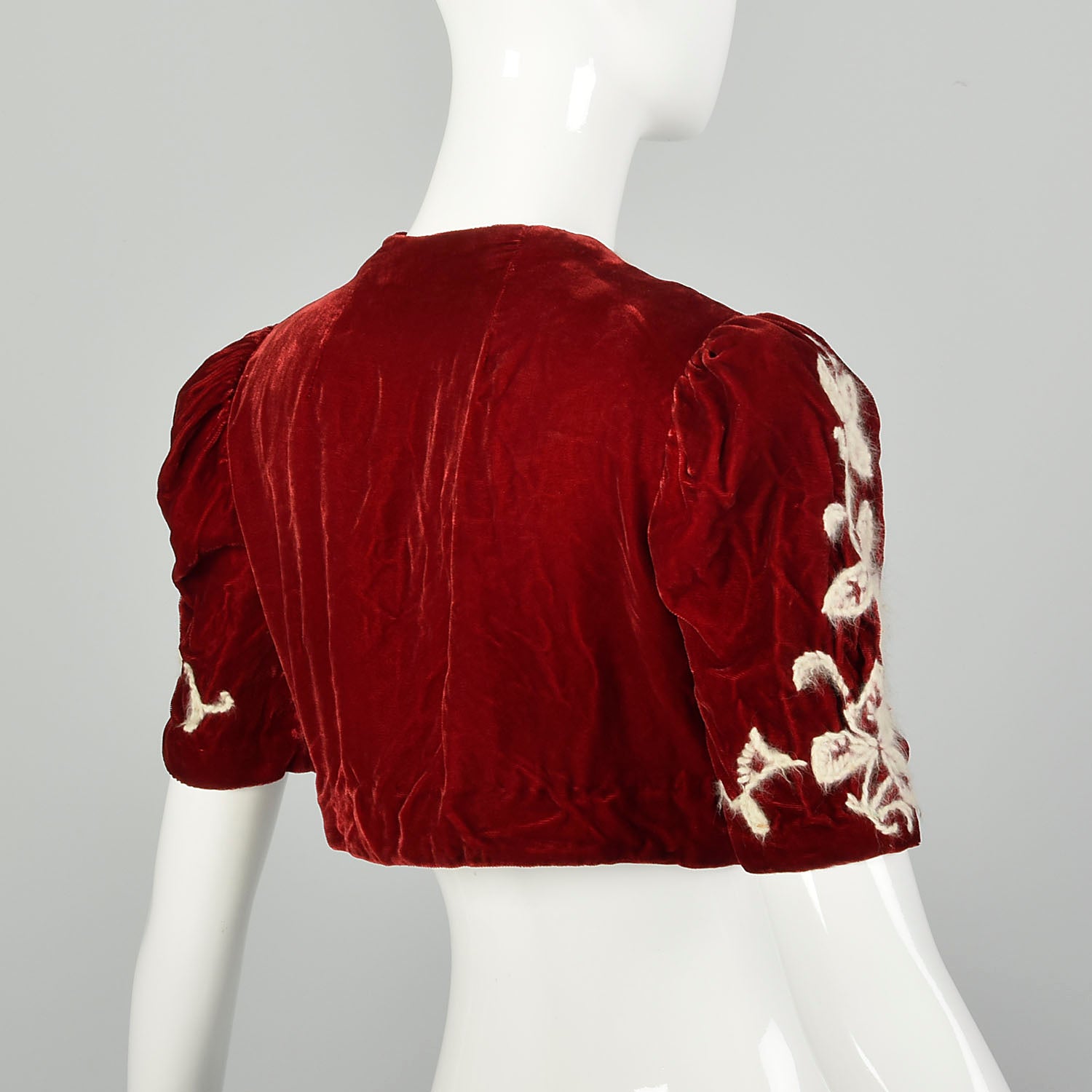 XS 1930s Red Rayon Velvet Bolero Embroidered Jacket