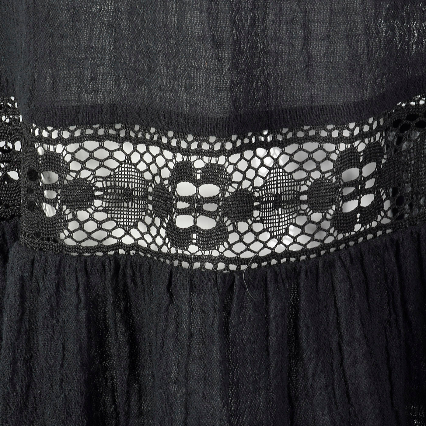 1970s Black Gauze Dress with Lace Trim
