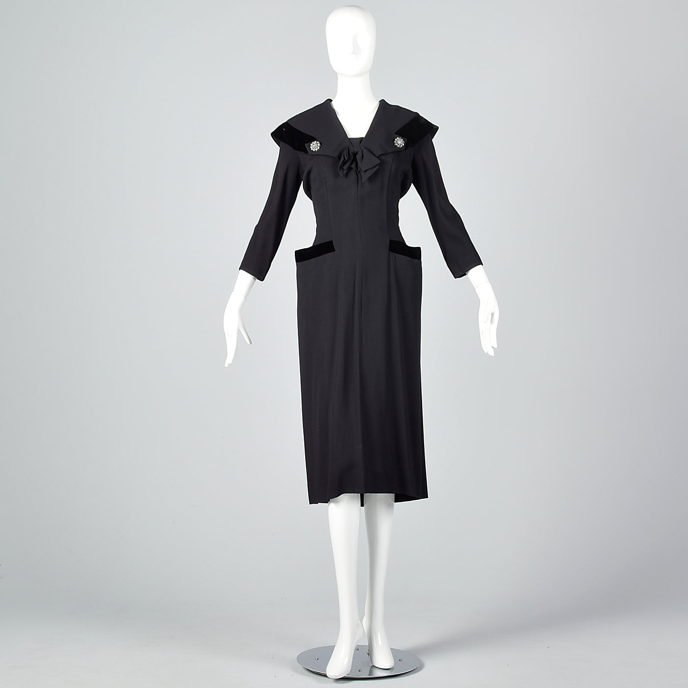 1950s Black Rayon Dress with Velvet Trim and Shawl Collar