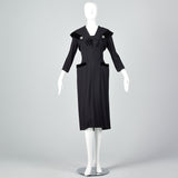 1950s Black Rayon Dress with Velvet Trim and Shawl Collar