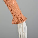 Medium 1970s Long Sleeve Peach  Knit Dress Scalloped Hem Ruffled Collar Cuffs