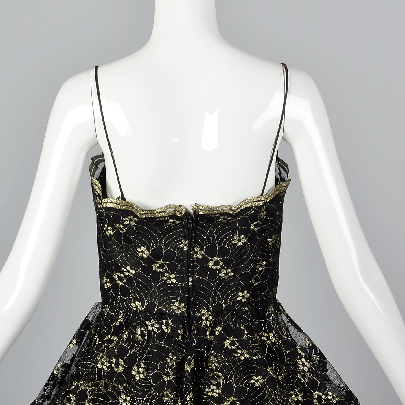 1980s Lillie Rubin Black & Gold Lace Dress with Layered Skirt