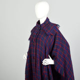 OSFM 1980s Purple Blue Green Red Plaid Wool Poncho Long Cape Woven Textile Jewel Tone Wrap