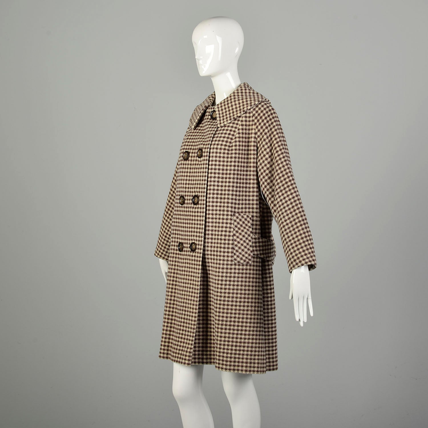 Large 1950s Swing Coat Brown Plaid Loose Winter Double Breasted Overcoat