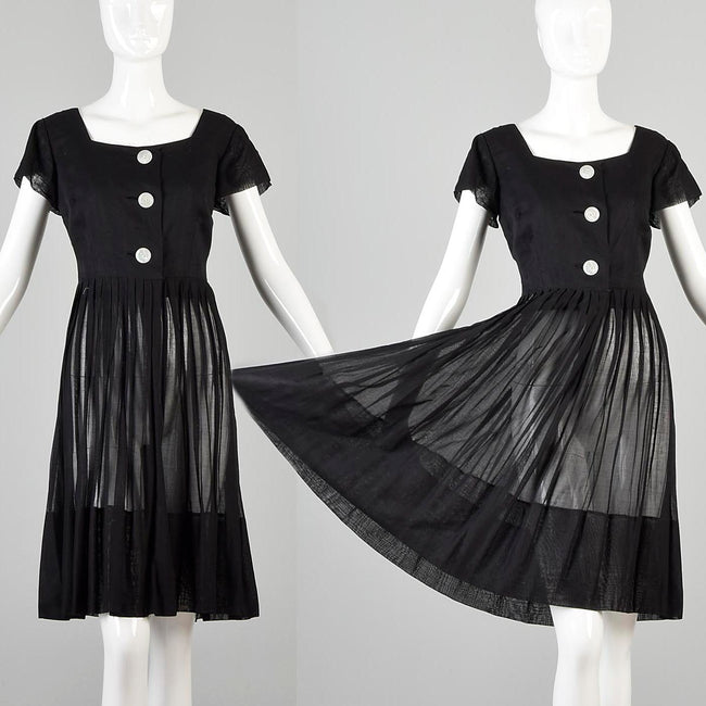 1950s Sheer Black Dress with Mother of Pearl Buttons
