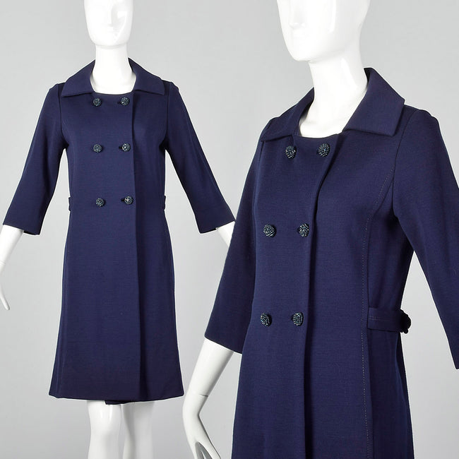 1960s Navy Wool Cardigan Coat with Belted Back