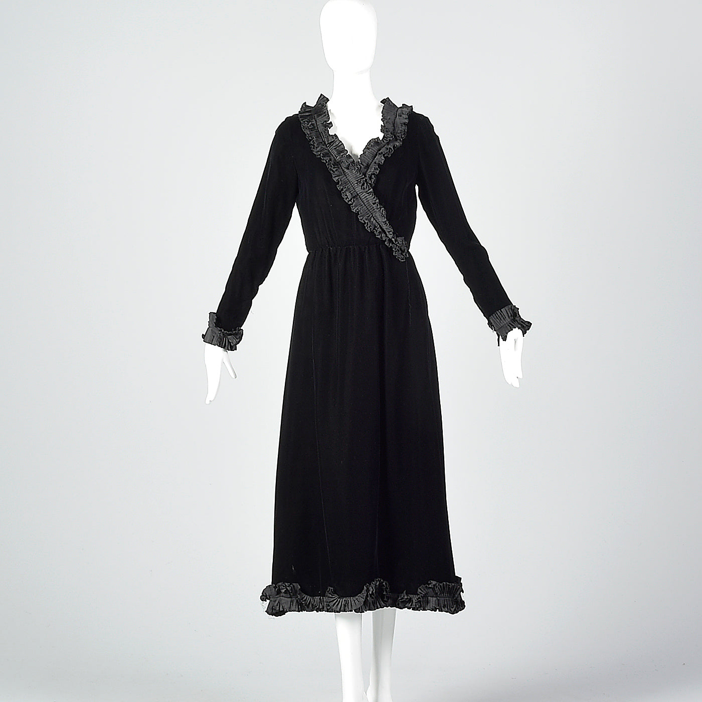 1970s Yves Saint Laurent Rive Gauche Black Velvet Dress with Ruffle Trim