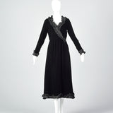 1970s Yves Saint Laurent Rive Gauche Black Velvet Dress with Ruffle Trim