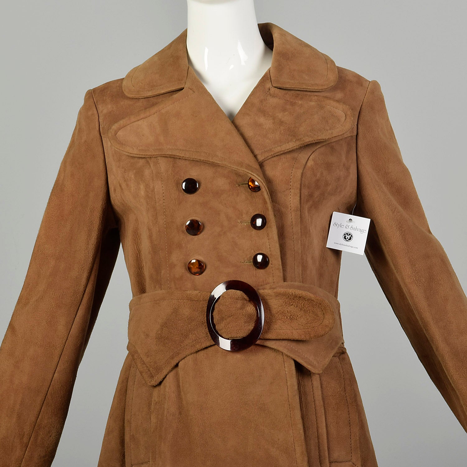 Small 1960s Mod Trench Coat Suede Leather Double Breasted Jacket