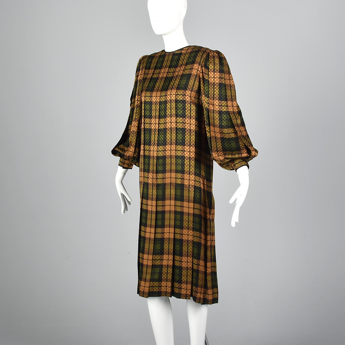 Galanos Pleated Silk Dress in Plaid with Bishop Sleeves