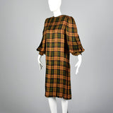 Galanos Pleated Silk Dress in Plaid with Bishop Sleeves