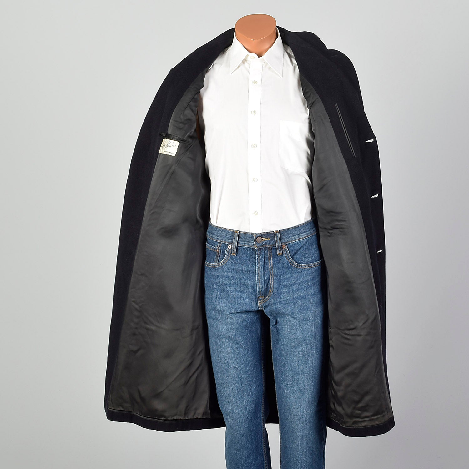 42 Large 1950s Mens Black Cashmere Overcoat