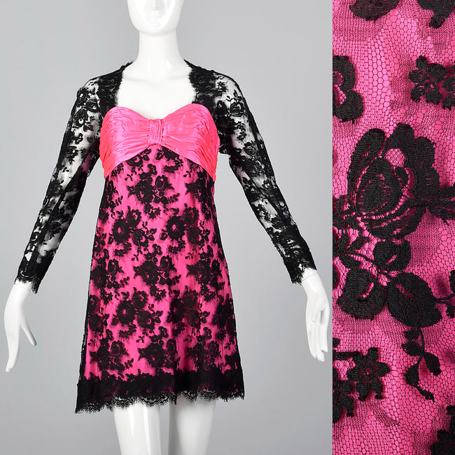 1980s Travilla Hot Pink and Black Lace Dress