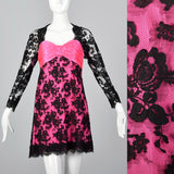 1980s Travilla Hot Pink and Black Lace Dress