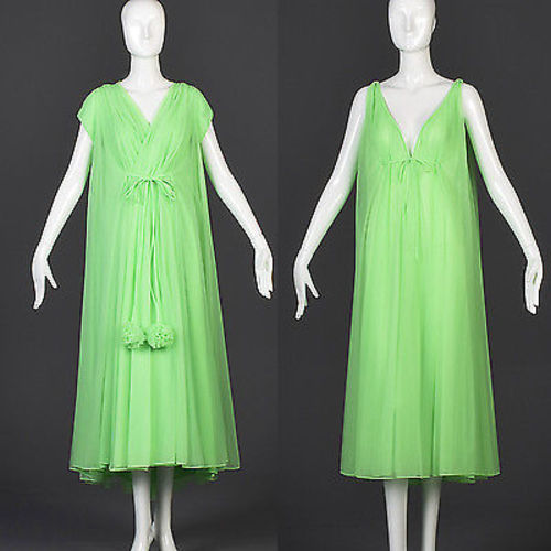 1960s Claire Sandra Lucie Ann Beverly Hills Green Chiffon Nightgown & Peignoir Set with Pom Poms