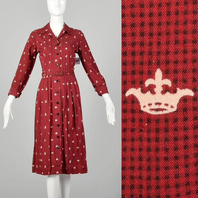 Medium 1950s Day Dress Cotton Novelty Print Casual Long Sleeve