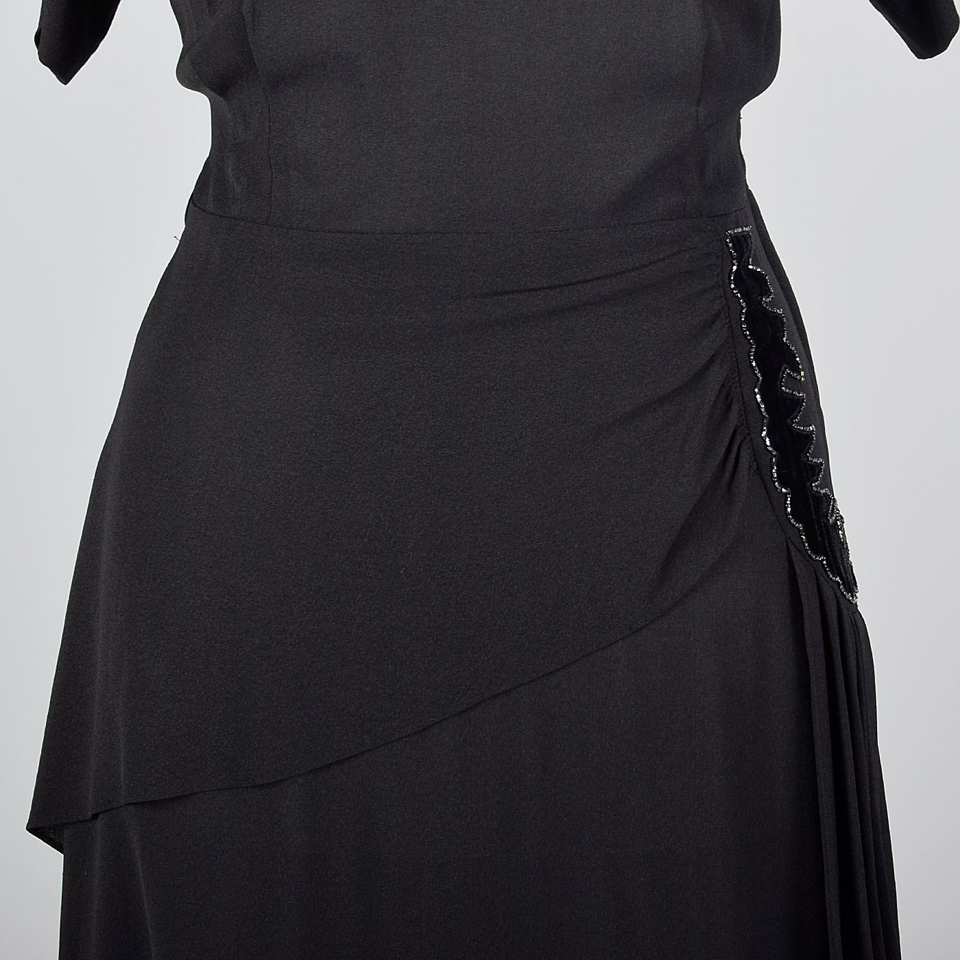 1950s Black Rayon Dress with Velvet Trim