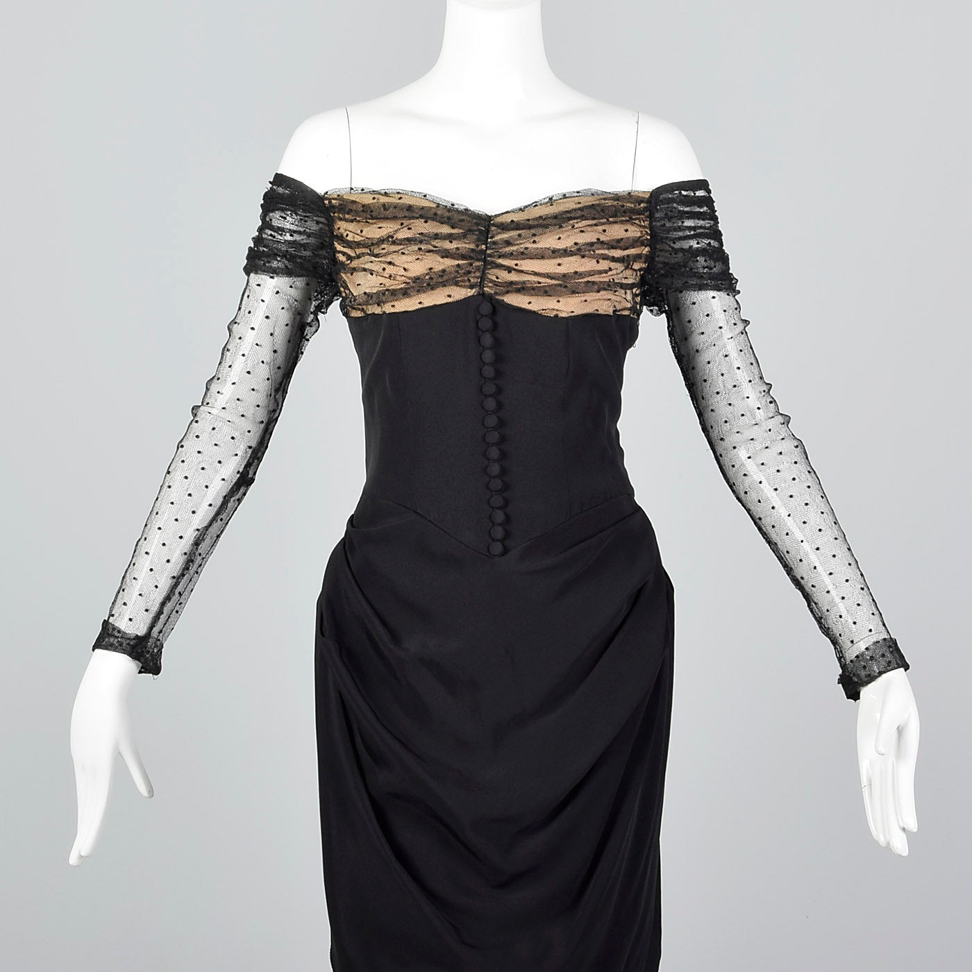 1950s Black Dress with Lace Illusion Neckline