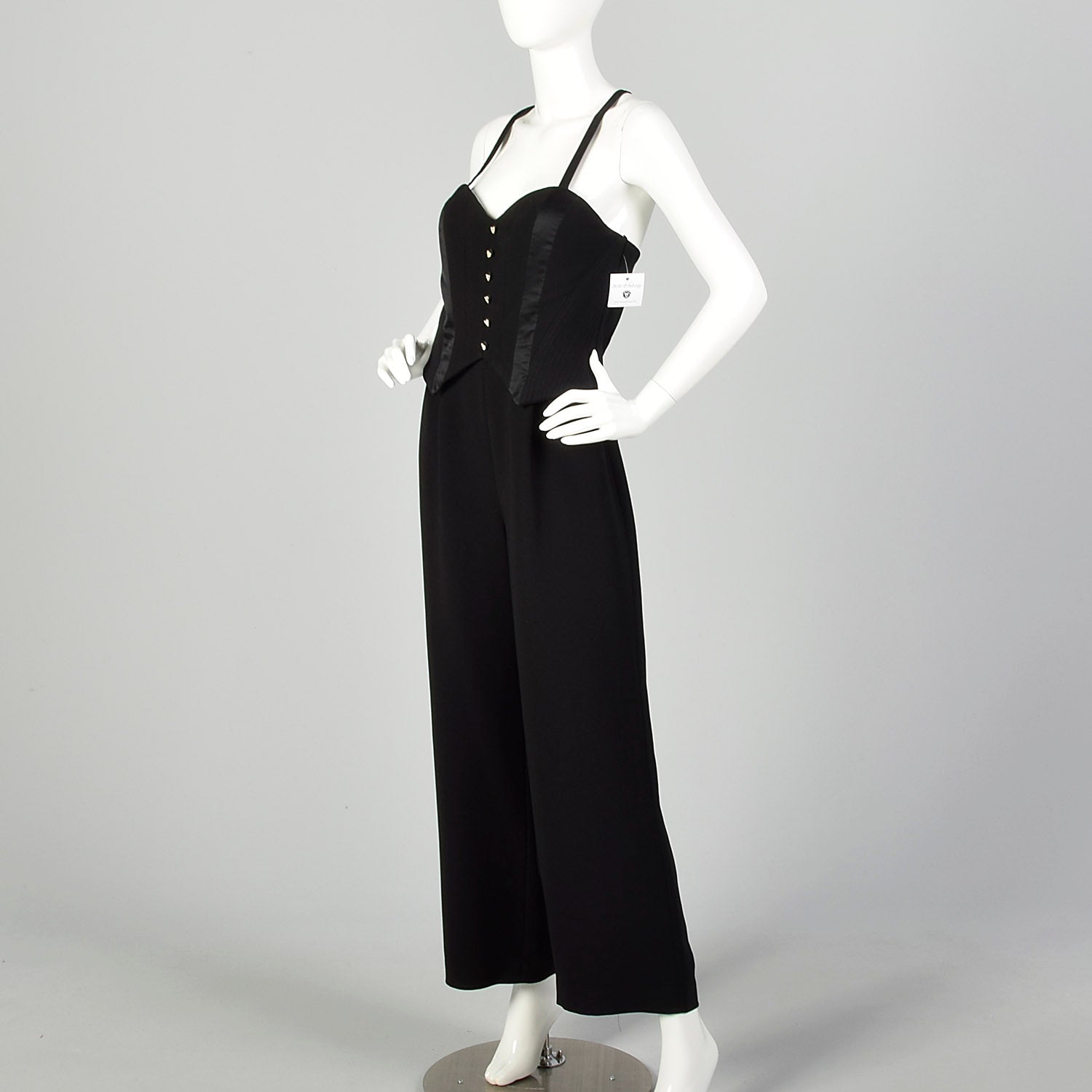 Medium 1980s Alberto Makali Jumpsuit Black Tuxedo Sleeveless Racerback Romper