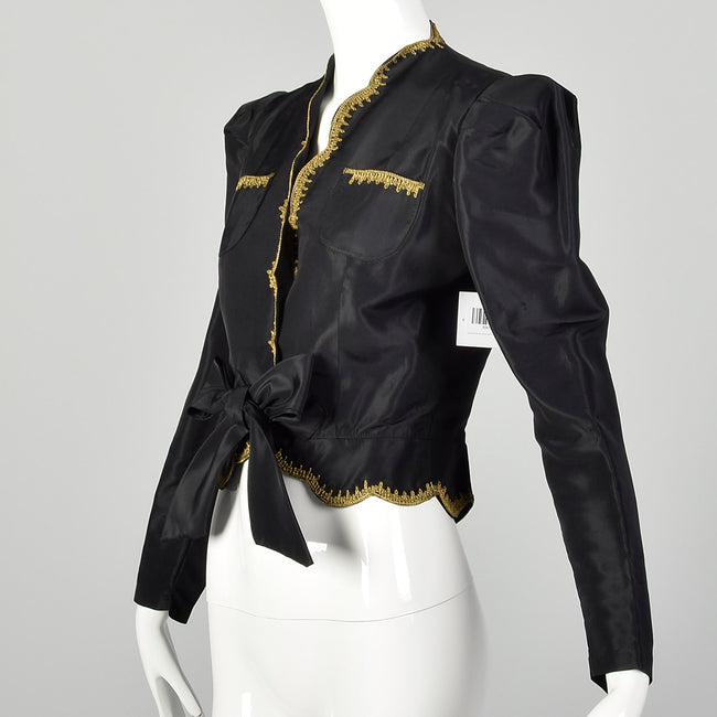 XS 1940s Jacket Black Taffeta Tie Waist Scallop Edge Gold Trim Embroidery Evening Jacket